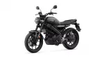 Black Yamaha motorcycle shown from a front-left side view, featuring a round headlamp and matte black finish.