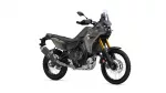 Yamaha Tenere 700 adventure motorcycle shown in side view with gray bodywork and gold front forks.