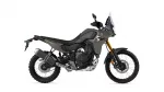 Side view of a Yamaha Tenere 700 adventure motorcycle with beige-gray body and gold front forks as seen from the left side.