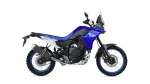 Blue Yamaha Tenere 700 adventure motorcycle shown in profile with a tall windshield and knobby off-road tires.