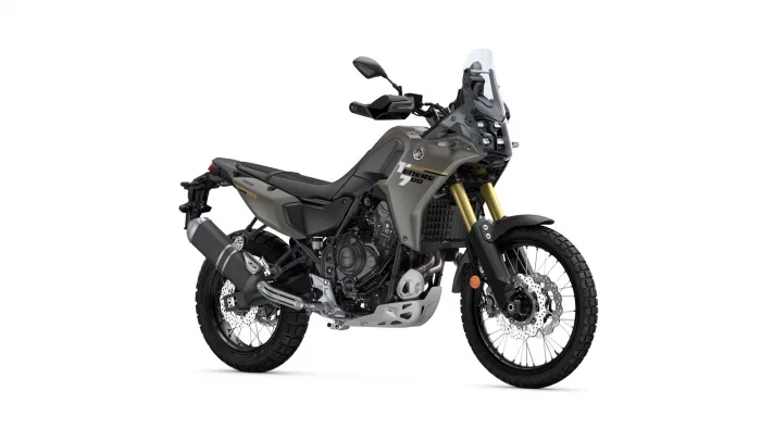 Yamaha Tenere 700 adventure motorcycle shown in a left-side profile with olive bodywork and gold front forks