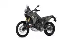 Yamaha Tenere 700 adventure motorcycle shown from a front-left side angle with gray body and gold front forks, on white background.