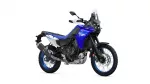 Blue and white Yamaha Tenere 700 adventure motorcycle, shown in a side-front view with windscreen and off-road tires