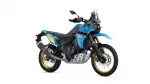 Blue Yamaha adventure motorcycle (Ténéré 700) in a three-quarter view showing gold wheels and tall windscreen