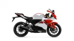 Side view of a white and red Yamaha YZF sport motorcycle with black frame and gold front forks.