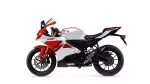 Red and white Yamaha sport motorcycle shown from the left side, featuring black chassis, gold front forks, and a bold Yamaha logo on the fairing.