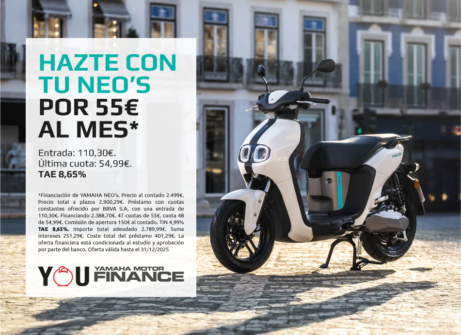Promotional image for Yamaha NEO scooter financing: 'Hazte con tu NEO's por 55€ al mes' with terms and YOUFINANCE logo, scooter on street.