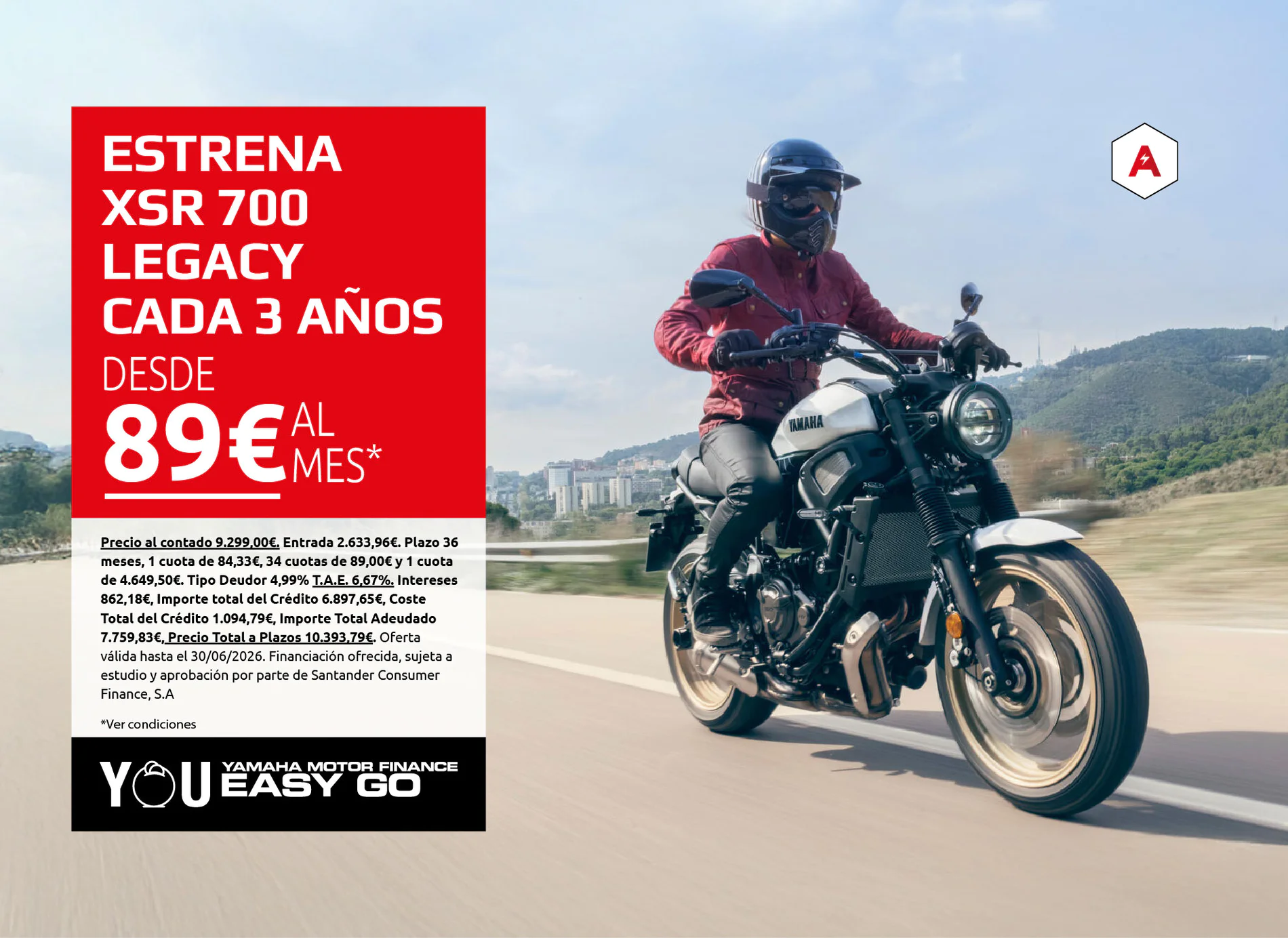 Motorcycle rider in a red jacket and helmet rides on a highway beside a large red ad promoting the Yamaha XSR 700 Legacy from 89€ per month.