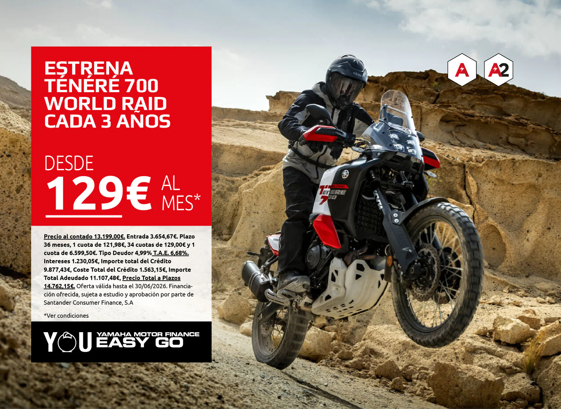 Promotional banner for the Yamaha Tenere 700 World Raid with price from 129€ per month, rider on a red adventure bike in a desert.