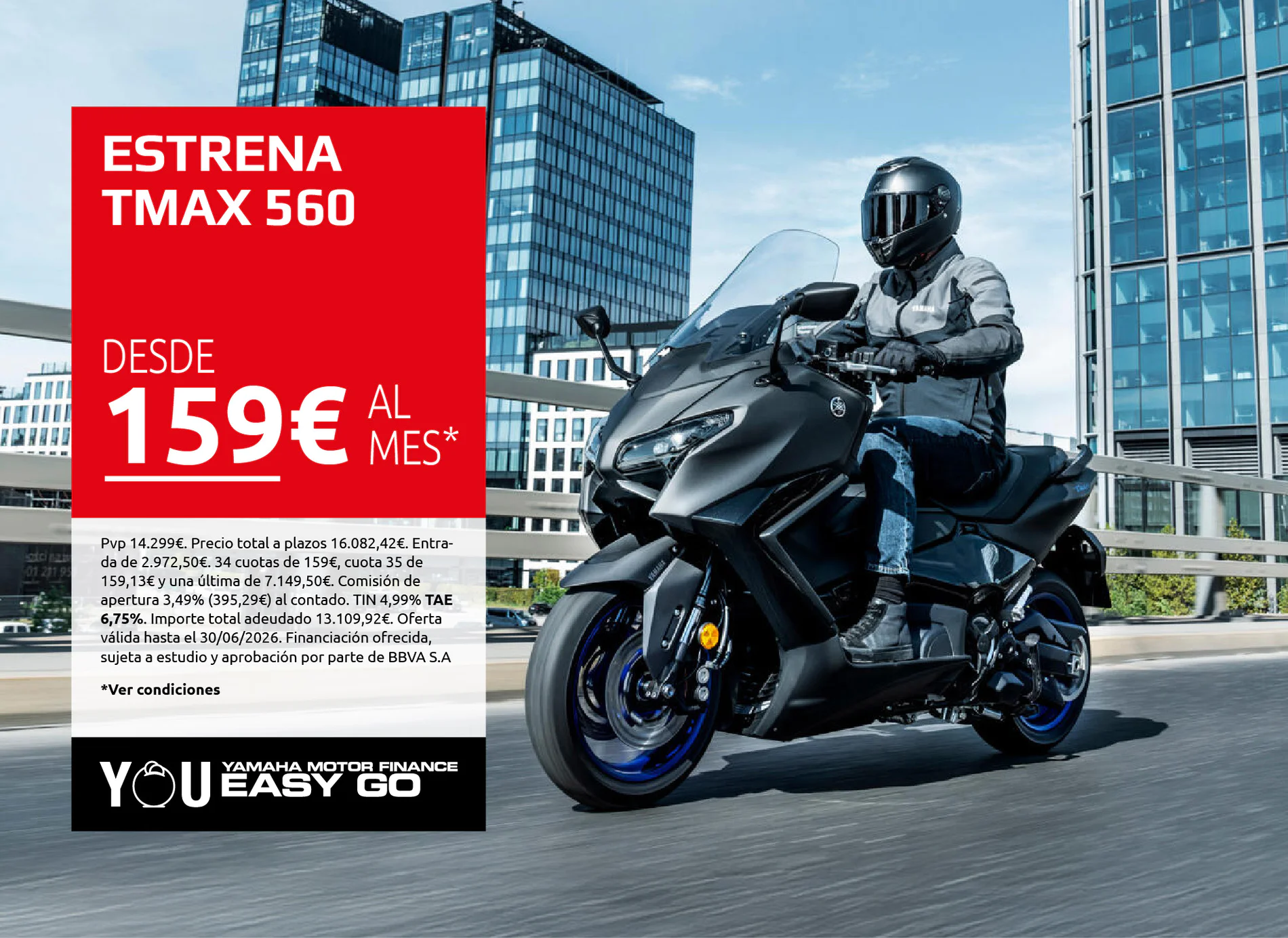 Motorcycle rider on a Yamaha scooter riding on a city highway next to a bold red ad panel that reads 'ESTRENA Tmax 560' and price information in white text (159€ al mes).