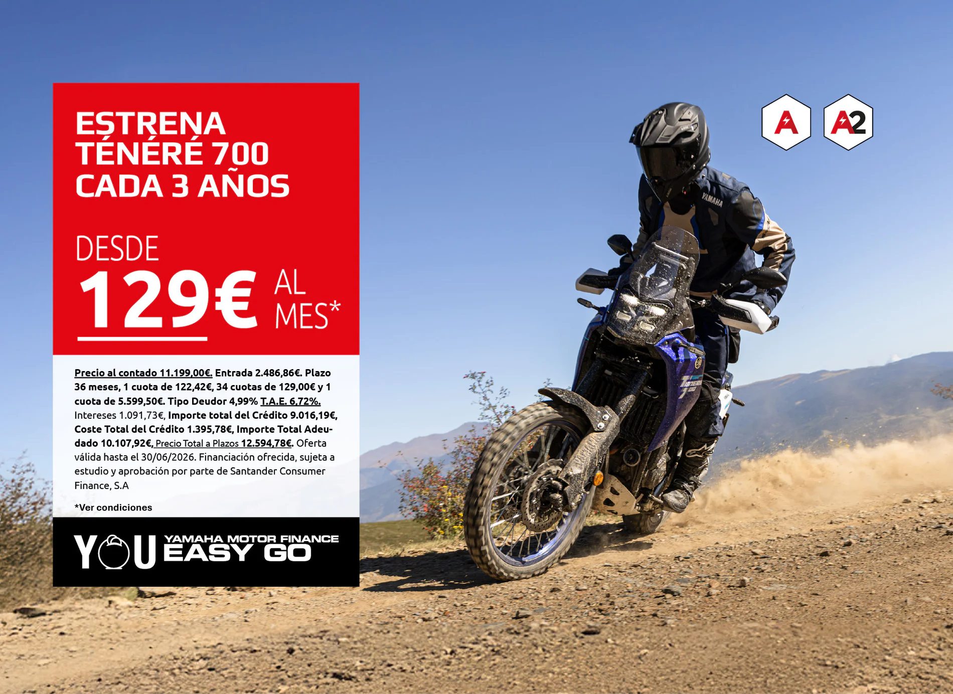 Off-road motorcyclist in helmet and gear riding on a dirt trail, with a large red promotion poster on the left.
