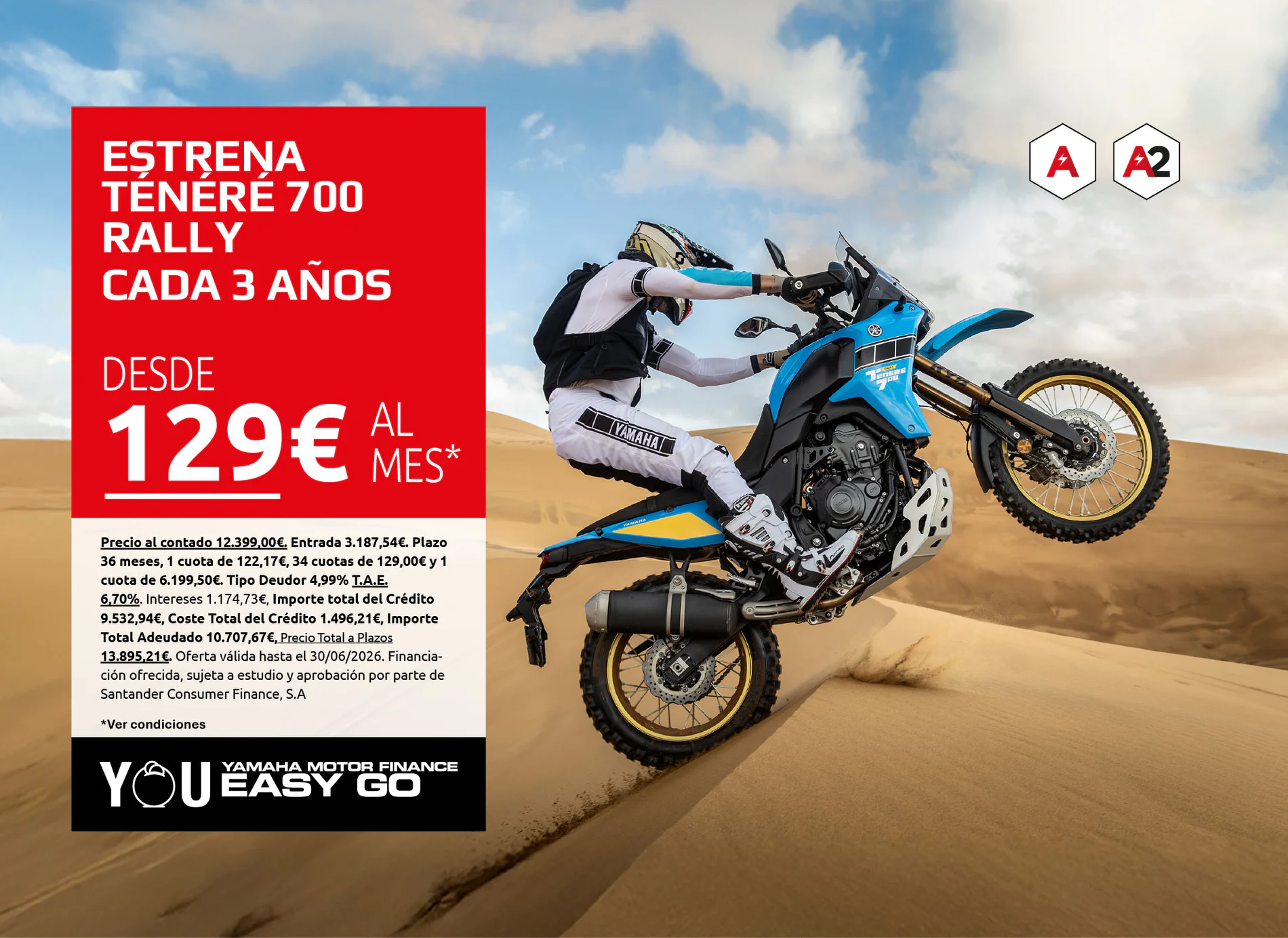 Motorcycle rider on a blue Yamaha bike in a desert; large red promotional panel with Spanish payment offer on the left.