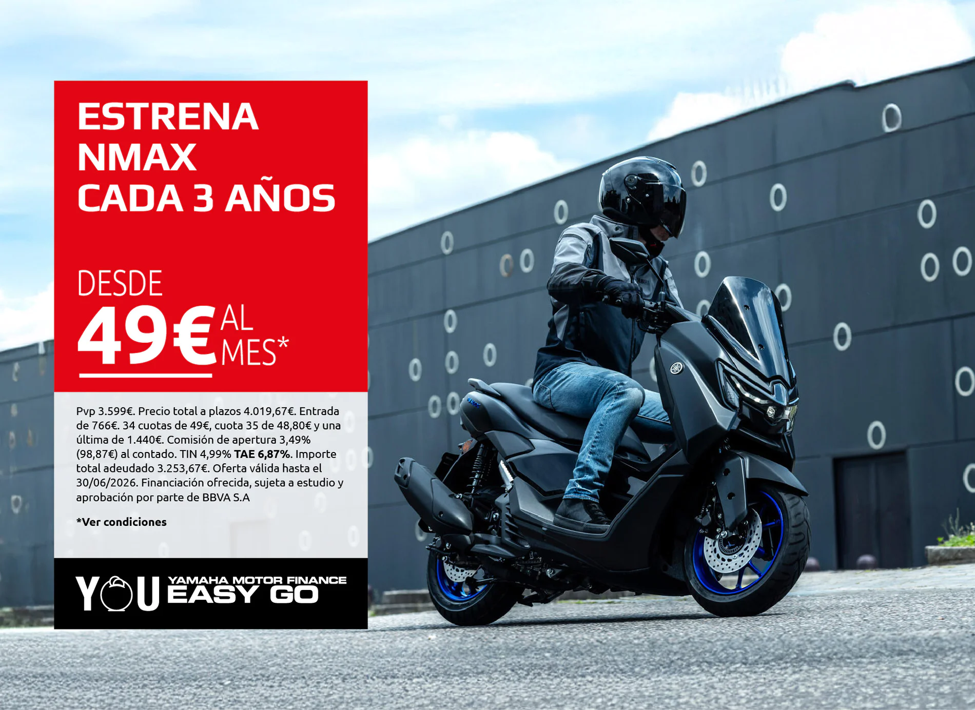 Motorcyclist on a Yamaha scooter rides past a tall red ad panel offering NMAX from €49 per month (You Easy Go logo at bottom).