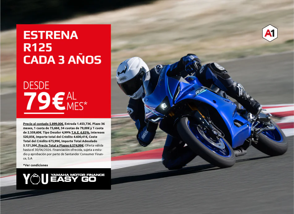 Blue sport motorcycle leaning on a track beside a red ad panel that says R125 from 79€ per month.