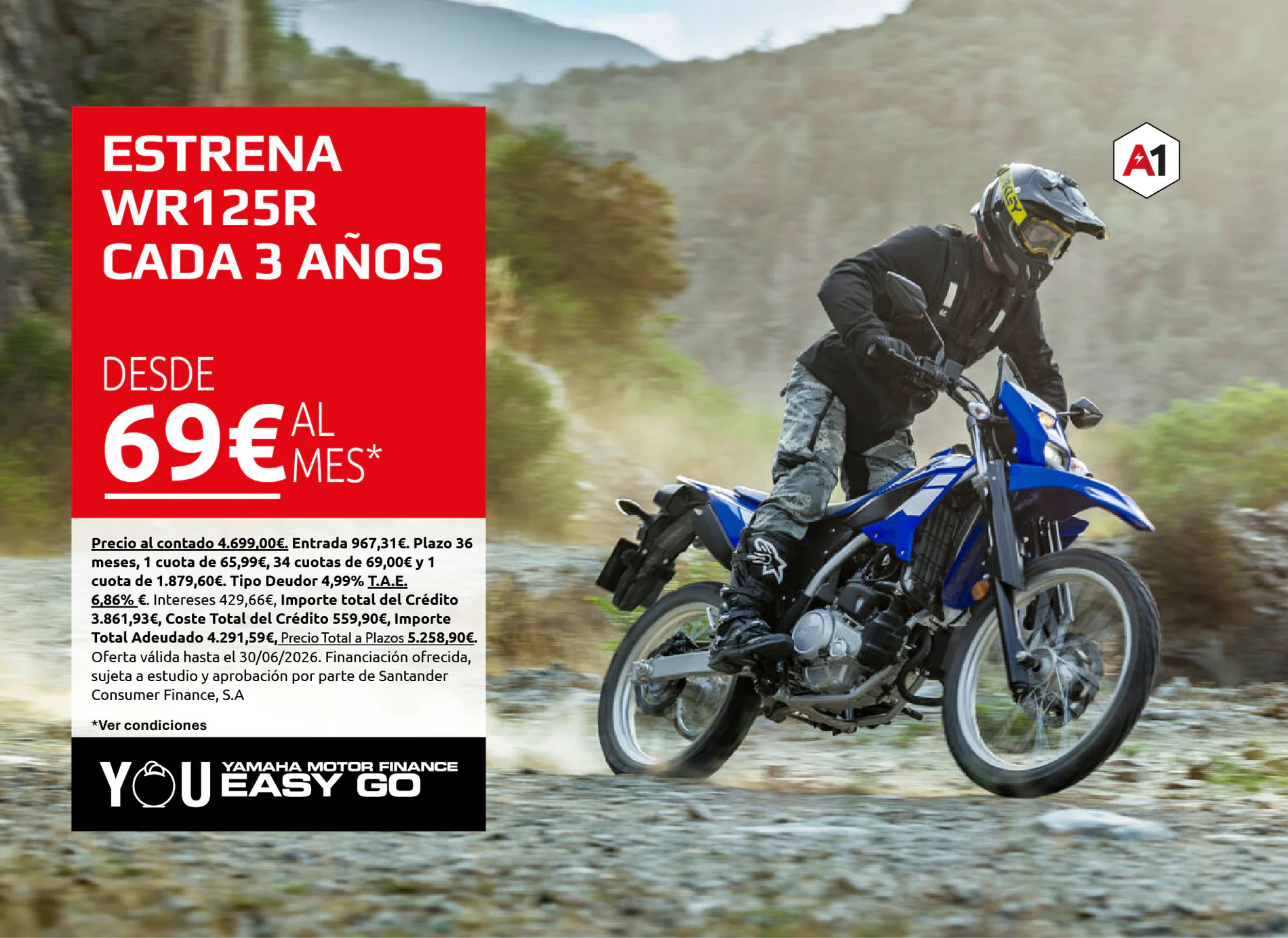 Promotional banner showing a rider on a blue Yamaha motorcycle with a red ad panel reading 'ESTRENA WR125R CADA 3 AÑOS' and '69€ AL MES'.