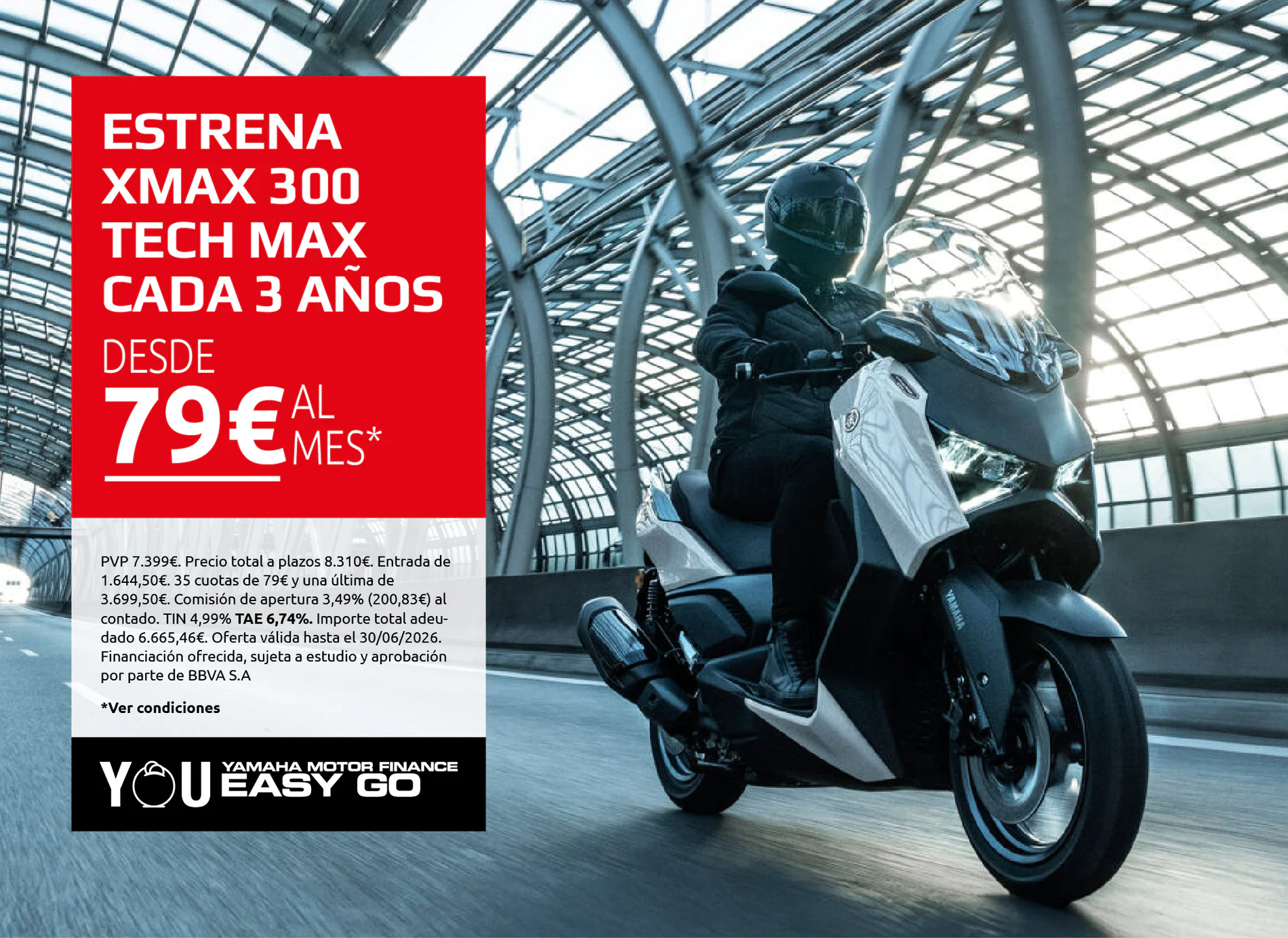 Red promotional panel advertising the Yamaha XMAX 300 Tech Max with payments from 79€ per month, shown beside a motorcycle in a glass-arched showroom.