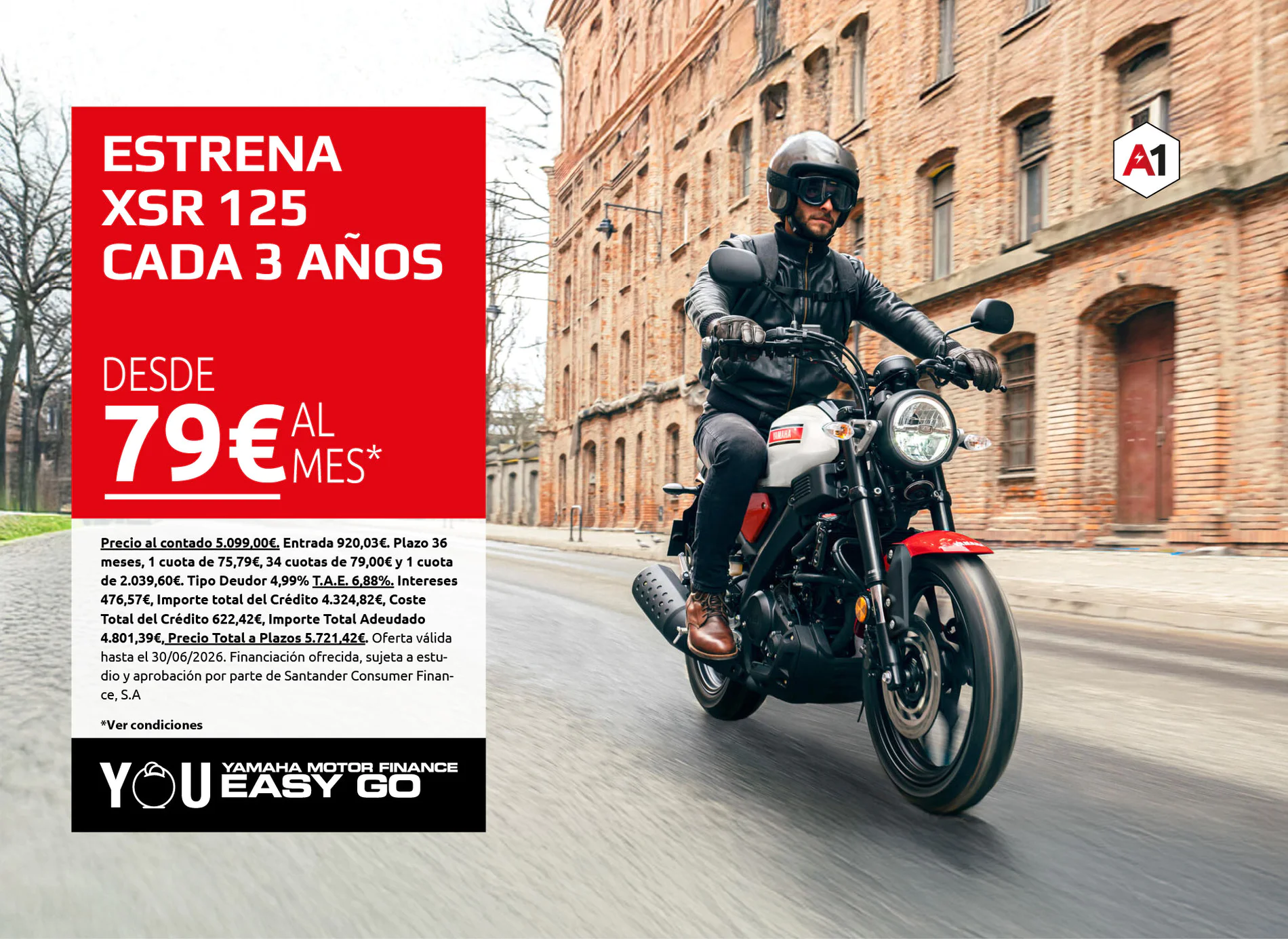 Motorcycle rider on a city street beside a large red ad banner promoting Yamaha XSR 125 financing offer (from 79€ per month).