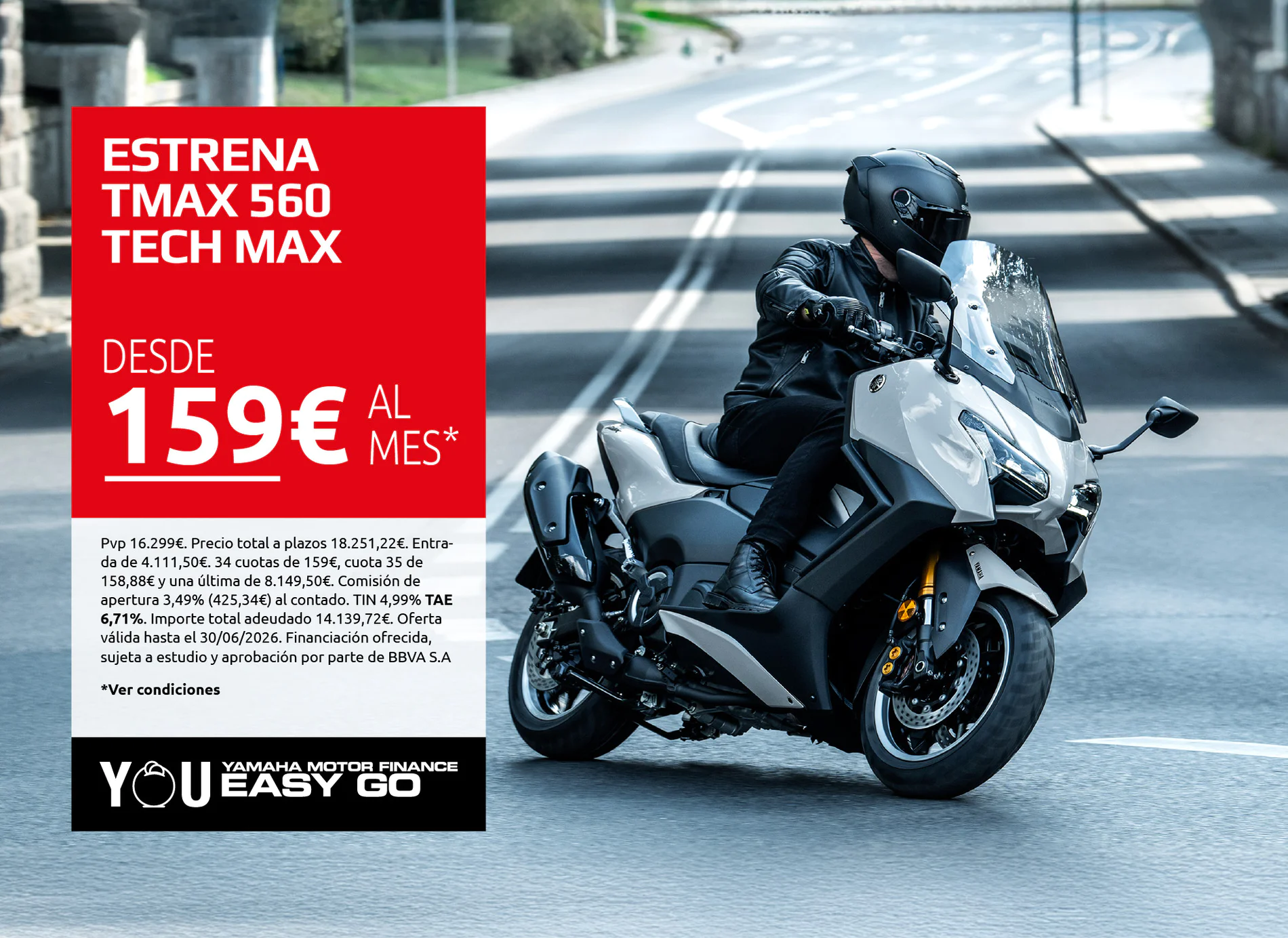 Motorcycle rider on a white Yamaha sport bike on a city street; a large red promo panel on the left advertises the TMAX 560 Tech Max offer.