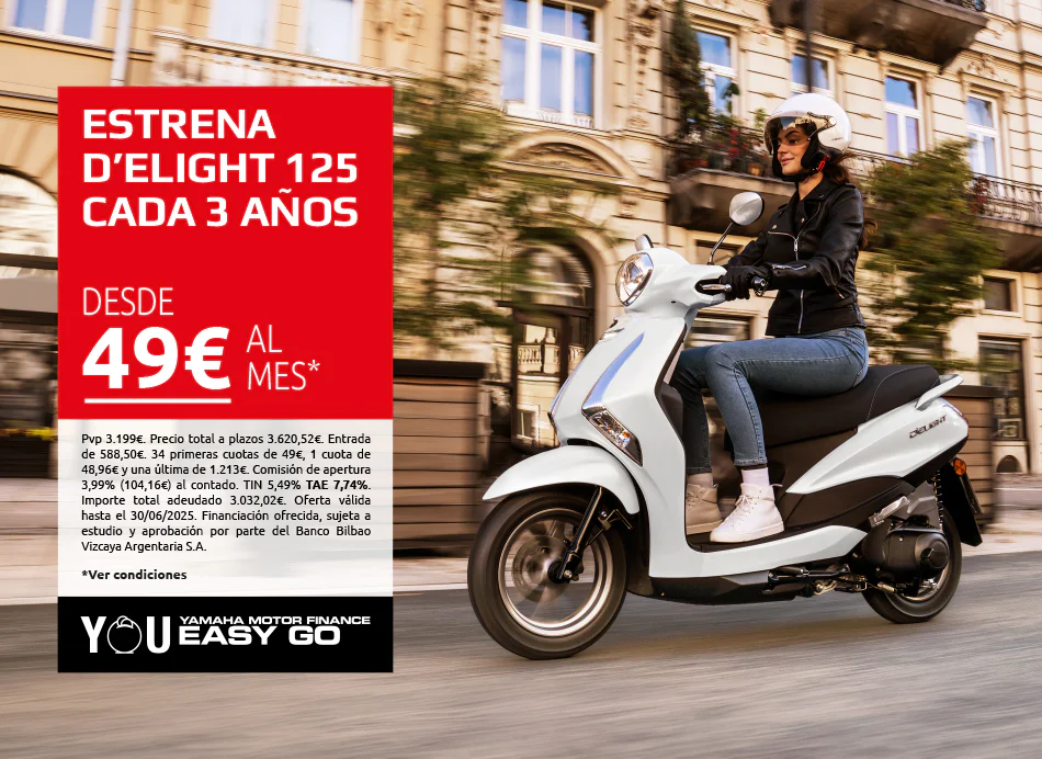 Promo ad: woman riding a white Yamaha scooter next to a red offer panel reading 'Estrena D’Elight 125 cada 3 años, desde 49€ al mes'