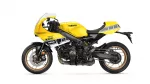 Side view of a bright yellow Yamaha XSR900 GP sport motorcycle with a black frame and gold wheels.