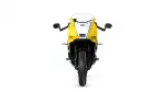 Front view of a yellow sport motorcycle with a white front fairing and black handlebars, isolated on white background