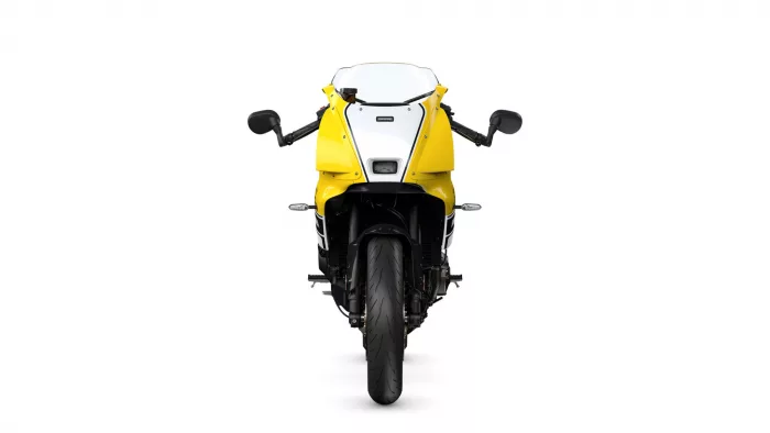 Front view of a yellow sport motorcycle with a white front fairing and black handlebars, isolated on white background