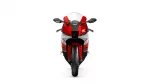 Front view of a red Yamaha R3 sport motorcycle with black accents against a white background