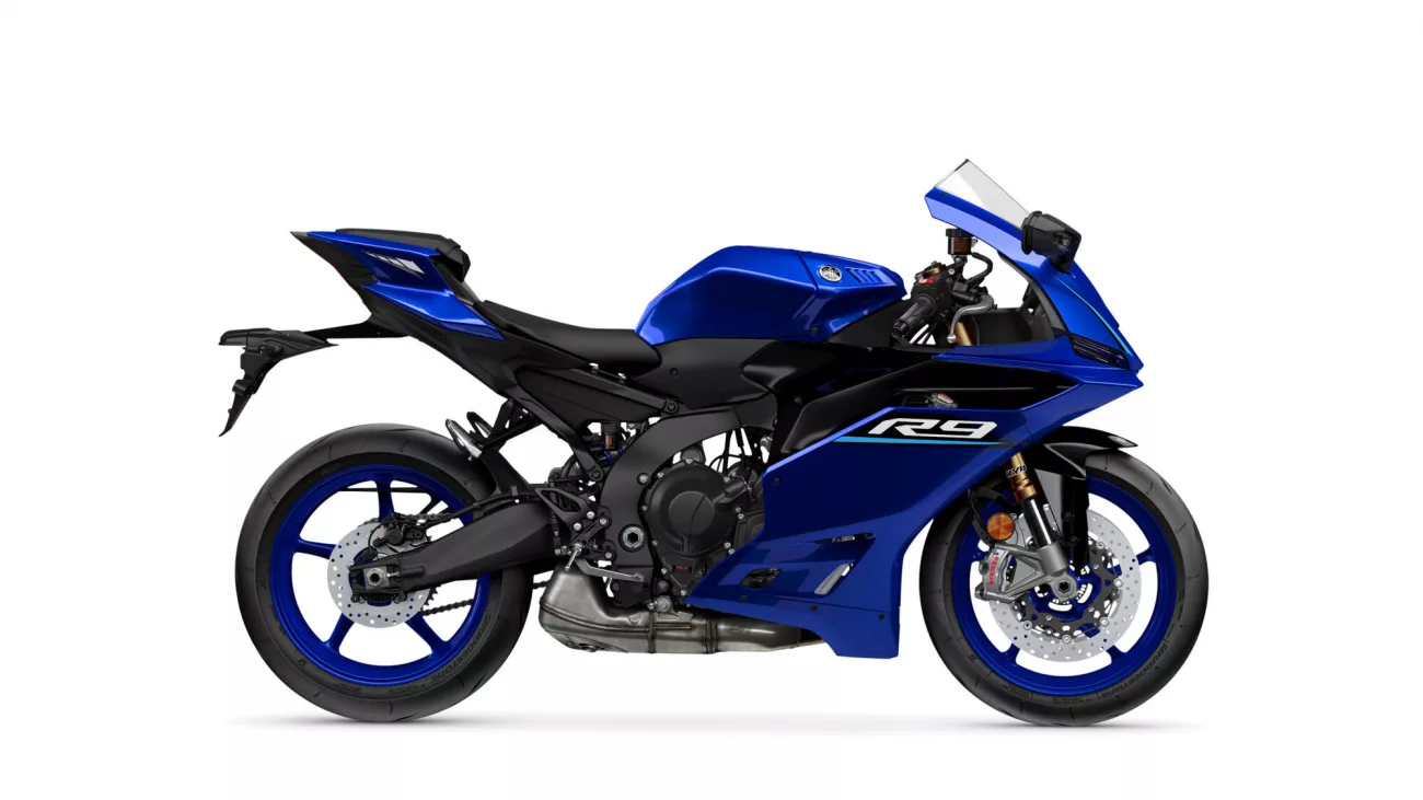 Blue Yamaha sport motorcycle shown in right-side profile with modern fairings and disc brakes (R9 logo visible)