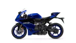 Blue Yamaha R3 sport motorcycle shown in side view with windscreen and front disc brake against a white background.