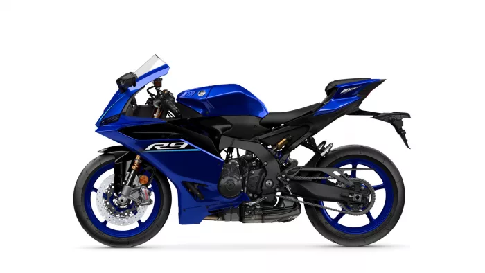 Blue Yamaha R3 sport motorcycle shown in side view with windscreen and front disc brake against a white background.