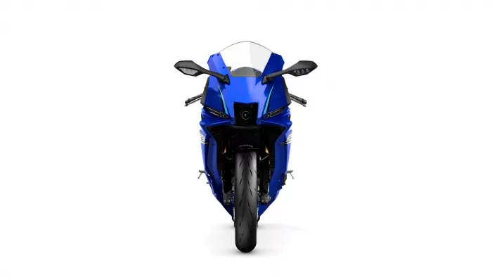 Front view of a blue Yamaha sport motorcycle against a white background.