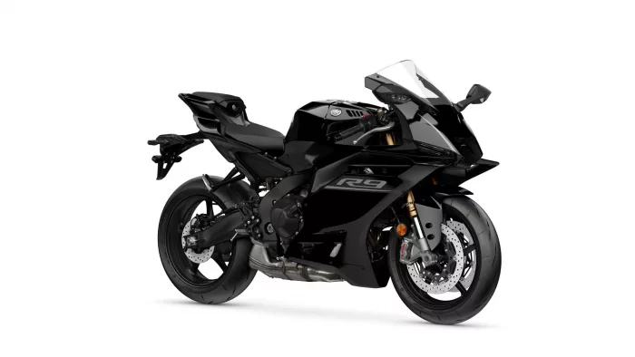 Black Yamaha sport motorcycle shown from a front-right angle, featuring aggressive fairing and the 'R9' logo on the side.