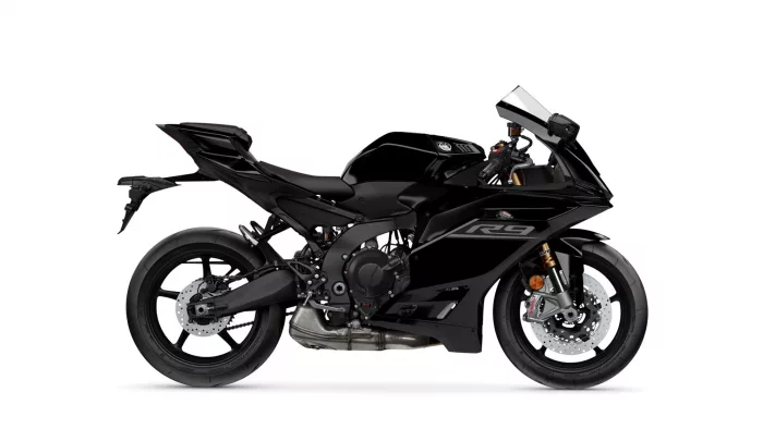 Black Yamaha R9 sport motorcycle shown in a right-side profile, highlighting its angular fairings and wheel discs.