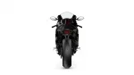 Rear view of a black sport motorcycle on a white background with a prominent red taillight