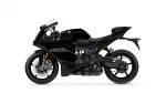 Side view of a sleek black sport motorcycle against a white background, showing disc brakes and exposed engine details