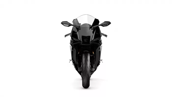 Front view of a black sport motorcycle with a clear windshield and prominent front tire, isolated on white background
