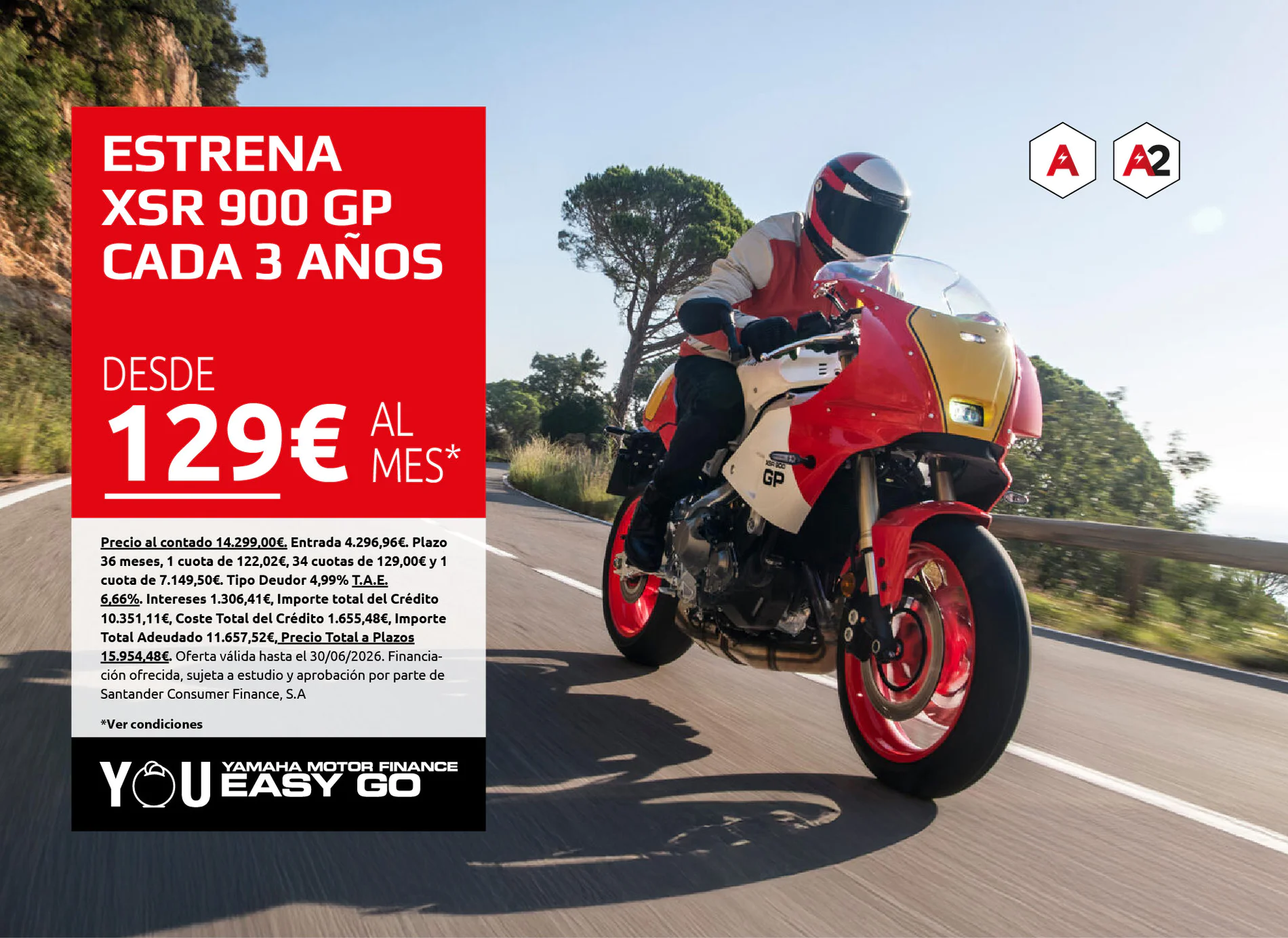 Bold red ad panel on left promoting XSR 900 GP from 129€ per month; rider on red-yellow sport motorcycle on a winding road with clear sky, logos on right