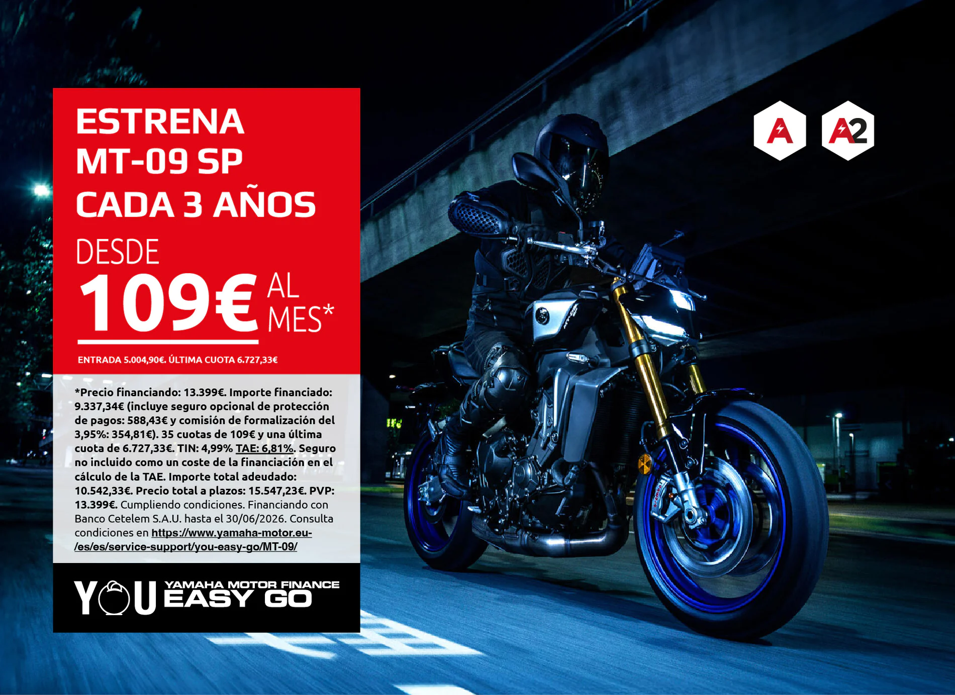 Promotional ad for Yamaha MT-09 SP financing from 109€ per month, shown with a red promo panel and a black motorcycle scene at night.