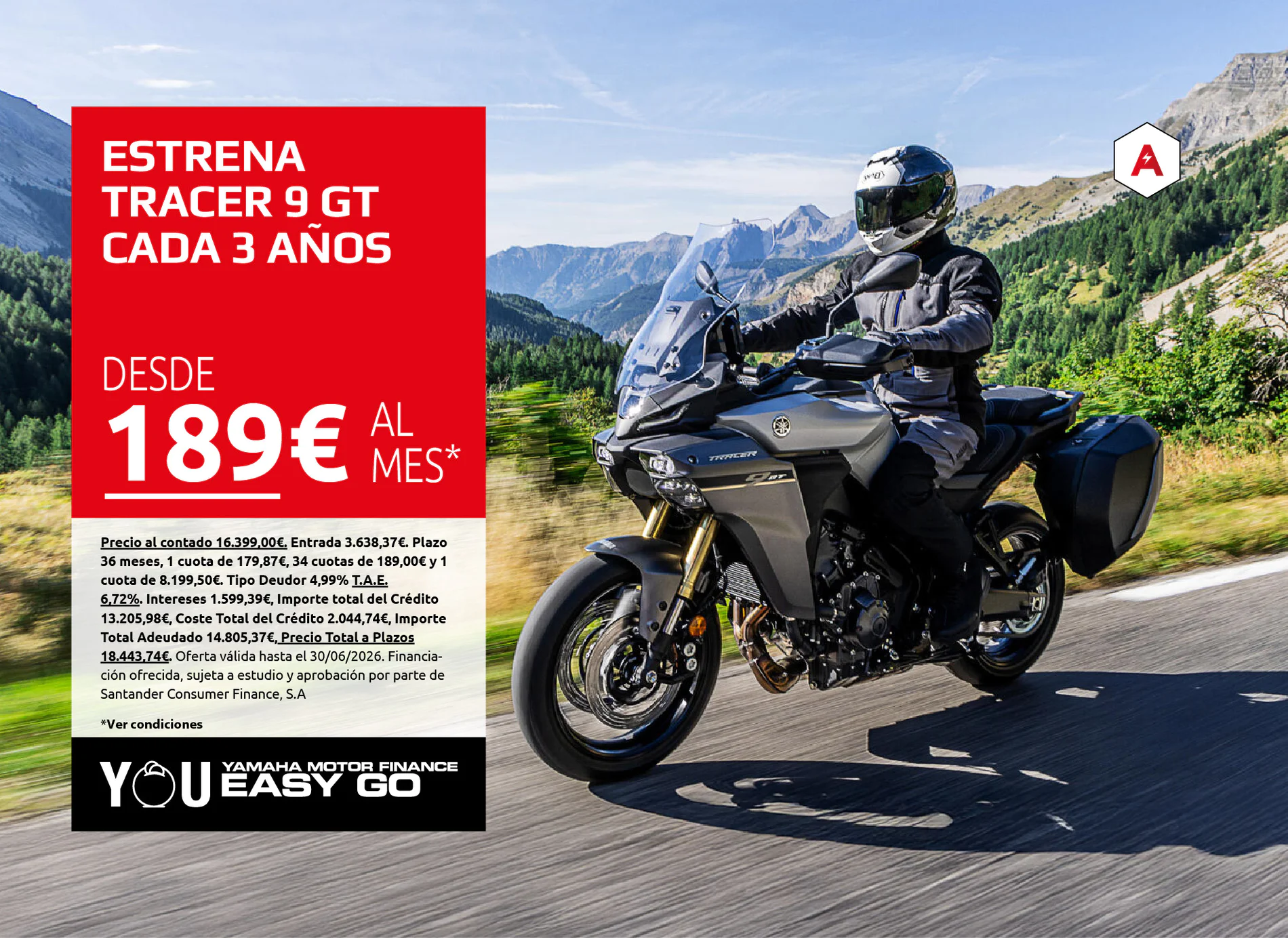 Motorcycle rider on a Yamaha Tracer 9 GT riding along a mountain road with a red promo panel on the left stating a plan from €189 per month.