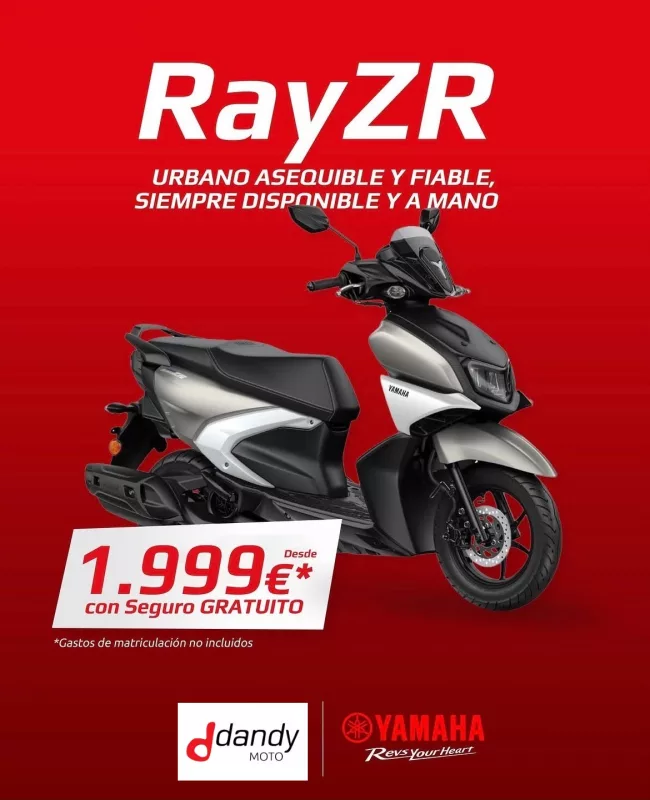 RayZR Yamaha scooter advertisement on a red background showing a silver-and-black scooter with the price 1.999€ and text 'con Seguro GRATUITO' (Gastos de matriculación no incluidos).